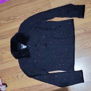 Womens M Black Market beaded zip up sweater cardigan tassel faux fur collar